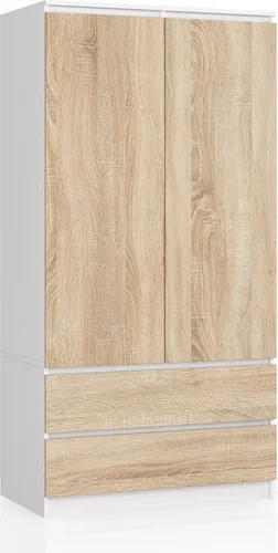 Akord Kleiderschrank Weiß Sonoma Eiche, 4 Fächer & 2 Schubladen