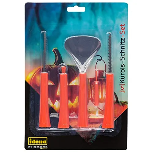 Idena 38214 - Kürbis Schnitzset für Kinder, bestehend aus Schaufel, 2 Sägen, Rollmesser und Schaber, ideal zum Aushöhlen und Gestalten von Halloween Kürbissen