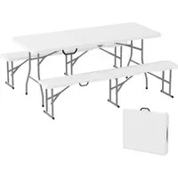 Outsunny Klappbare Bierzeltgarnitur 3-teilig - Praktisches Campingtisch-Set für Garten und Balkon, bestehend aus Tisch und 2 Bänken mit Tragegriffen, ideal für Partys und Ausflüge. Robuste Konstruktion mit Sicherheitsverriegelungen.
