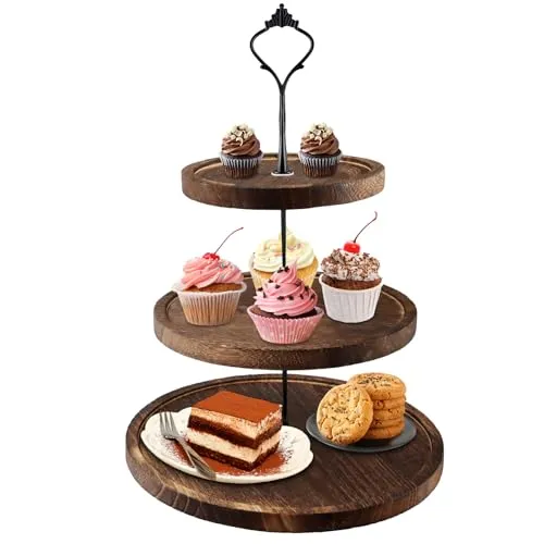 Etagere 3 Etagen, Tortenständer Holz, Cupcake Ständer mit Metallgriff, Kuchenständer Kuchenplatte, Obst Etagere 3 Stöckig, Servierständer Rund, Buffet Zubehör für Geburtstag Nachmittagstee Hochzeit
