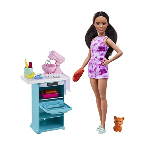 Barbie-Küchenspielzeug, gewellten braunen Haaren, Accessoires, Backspielzeug, Kätzchen, inkl. 1 Puppe, Geschenk für Kinder, Spielzeug ab 3 Jahre,HCD44