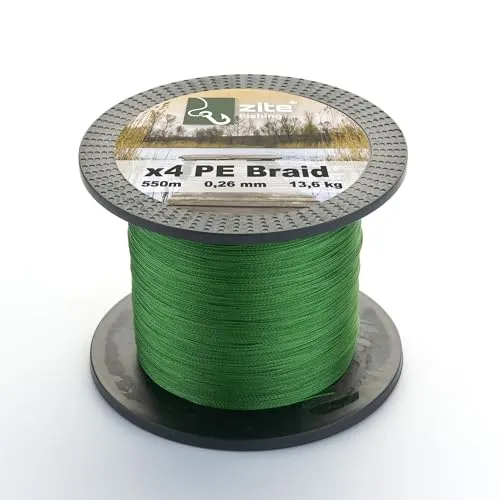 Zite Fishing Angelschnur Geflochten 4-Fach – Braided Line 4X PE 550m Spule – 0,14-0,30mm Angelsehne Geflechtschnur Grün (13,6 kg / 0,26 mm)