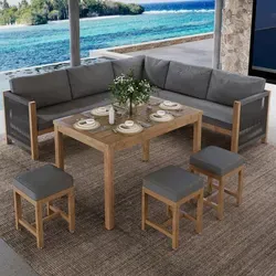 Flieks Gartenlounge-Set, 8-Sitzer Esstisch-Set aus Akazienholz - Garten-Lounge-Set mit 8 komfortablen Sitzplätzen, hochwertigem Akazienholz und modernen grauen Polstern für stilvolle Outdoor-Entspannung.