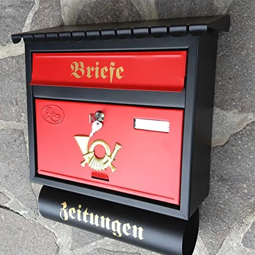 Großer Briefkasten/Postkasten XXL Schwarz/Rot Matt mit Zeitungsrolle Zeitungsfach Flachdach Zeitungsrohr Bicolor