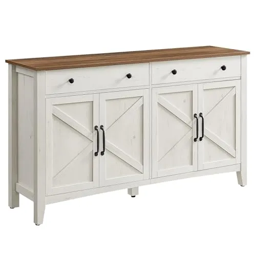 Produktbild VASAGLE Küchenschrank, Sideboard mit Schubladen, Aufbewahrungsschrank mit Türen, verstellbare Ablage, Landhausstil, für Wohnzimmer Küche Esszimmer, 40 x 140 x 80 cm, vintageweiß-honigbraun BBK381W02