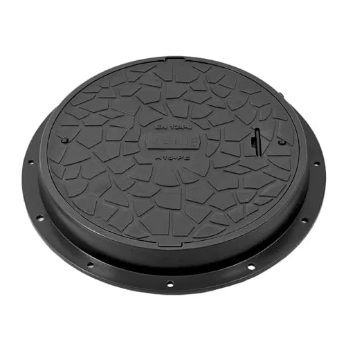 Kunststoff Schachtdeckel DN600 mit Rahmen Ø 800 mm - A15 bis 1,5T, schwarz - Robuster Kunststoff Schachtdeckel mit Verriegelung - ideal für Fuß- und Radwege. Leicht, korrosionsbeständig und rutschfest, hält Belastungen bis 1,5T stand.