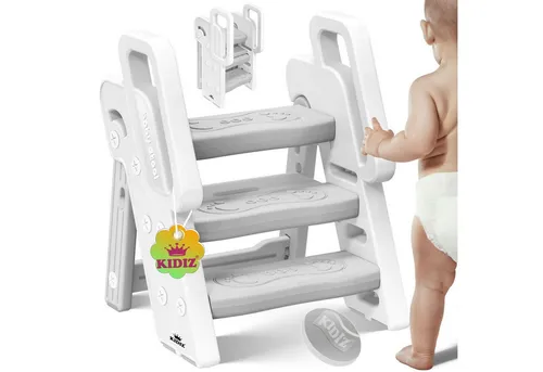 KESSER Tritthocker für Kinder, Klappbare Trittleiter mit 3 Stufen - Praktischer Tritthocker in Weiß/Grau, ideal für Kinder und platzsparend klappbar, sorgt für sicheres Erreichen höherer Stellen.