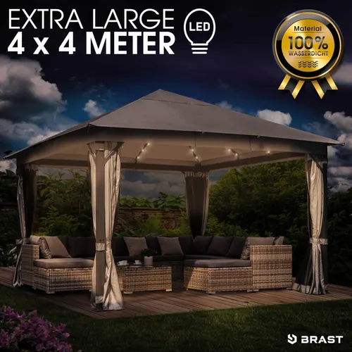 BRAST Pavillon Aluminium Infinity 4x4m mit LEDs - Pavillon mit Moskitonetz, wasserdicht und stabil, ideal für Gartenpartys und Schutz vor UV-Strahlen.