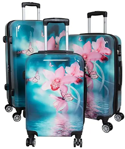 Trendyshop365 Hardcase Koffer-Set 3-teilig Blumen-Motiv Orchidee - 3-teiliges Koffer-Set mit floralem Orchideen-Design, ideal für Reisen. Leichtes Handgepäck und erweiterbare große Koffer mit robusten Hartschalen und 4 Doppel-Rollen für müheloses Reisen.
