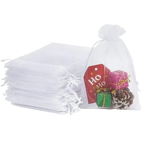 HRX Package 100 Stück Organzabeutel Weiß Organzasäckchen 10x15cm, Schmuckbeutel Organza Geschenkbeutel für Hochzeit Kleines Geschenk