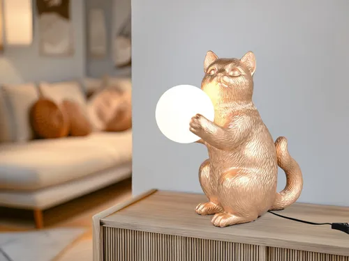 Lustige LED Nachttischlampe Katze in Gold – 30 cm Höhe