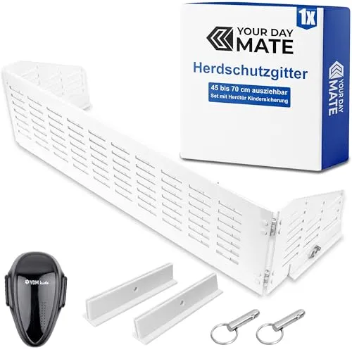 Herdschutzgitter Kindersicherung, 45 bis 70 cm ausziehbar, in Weiß, Set mit Backofentür Babysicherung, Herdschutz Gitter mit Scharnier-Seitenflügeln, zusammenfaltbar und verstaubar, Kochfeld Abdeckung