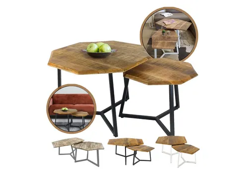 Couchtisch 2er Set Beistelltisch aus Massivholz - Beistelltische fürs Wohnzimmer aus recyceltem Mango Massivholz mit robustem Metallgestell. Stilvolles Design im Industrie-Stil, ideal für Snacks und Getränke.