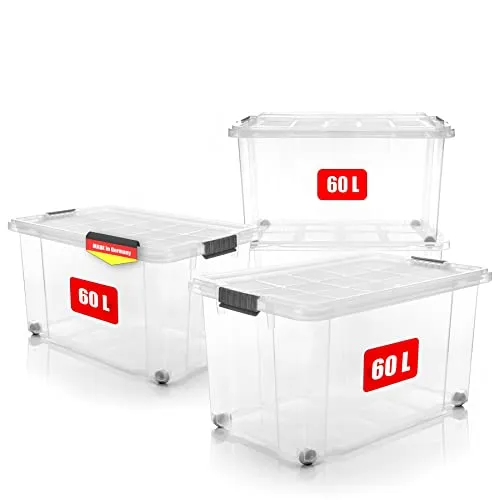 BigDean 4 Stück 60 L Aufbewahrungsbox mit Deckel - rollbare, stapelbare und BPA-freie Boxen - Aufbewahrungsbehälter mit Deckel, perfekt für Ordnung im Haushalt und Garten. Robuste, rollbare Boxen mit festem Verschluss, die den Inhalt sichtbar halten und platzsparend gestapelt werden können.