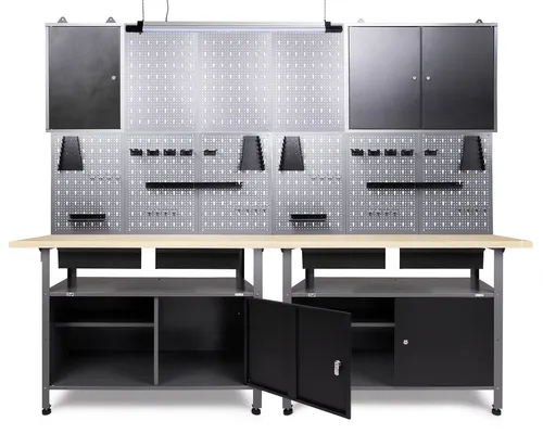 Ondis24 Werkstatteinrichtung Werkstatt Set Werkbank Fritz mit Hängeschrank und Werkzeugwand - IDEAL FÜR HEIMWERKER - Das Werkstatt Set Fritz bietet optimale Ordnung in deiner Hobbywerkstatt. Mit zwei stabilen Werkbänken, einer praktischen Werkzeugwand und abschließbaren Hängeschränken ist alles griffbereit und sicher verstaut.