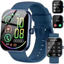 Smartwatch Damen Herren 1.96 Inch HD Display Fitness Uhr Bluetooth Telefonie 100 Sportmodi Herzfrequenz Schlaftracker IP68 Wasserdicht - Blau