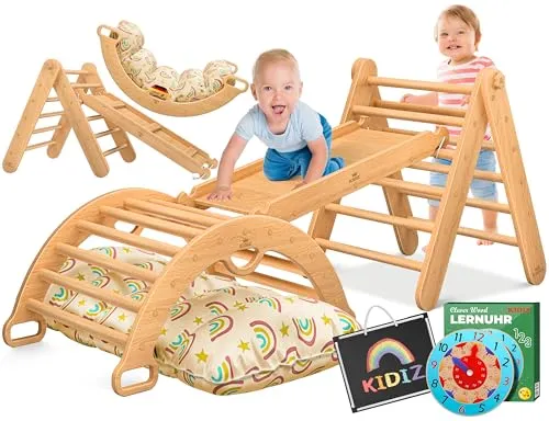 KIDIZ Klettergerüst 7in1 Spiel-Set aus Holz - Klettergerüste für Kleinkinder: 7in1 Funktionsdesign mit Lernuhr und Tafel – fördert spielerisch motorische Fähigkeiten und Kreativität.