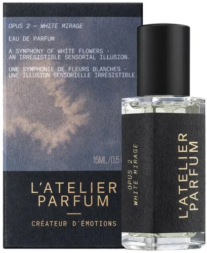 L'Atelier Parfum White Mirage Eau de Parfum 15 ml - Damenparfüm mit sinnlich-blumigen Noten der schönsten weißen Blüten, veredelt mit holzigen Akzenten. Ein einzigartiger Duft, der die Eleganz und Frische des Gartens einfängt.