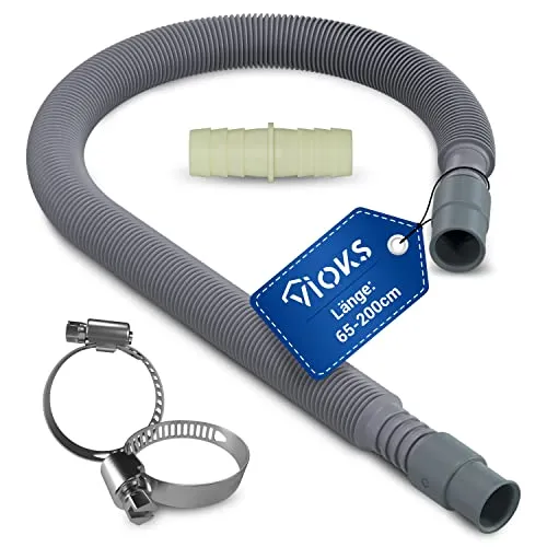 VIOKS SET Waschmaschinenschlauch Verlängerung Ausziehbar 60-200cm Ø19/21mm, 2x Schlauchschelle Waschmaschine Ø18/28mm & Schlauchverbinder Ø24/24mm