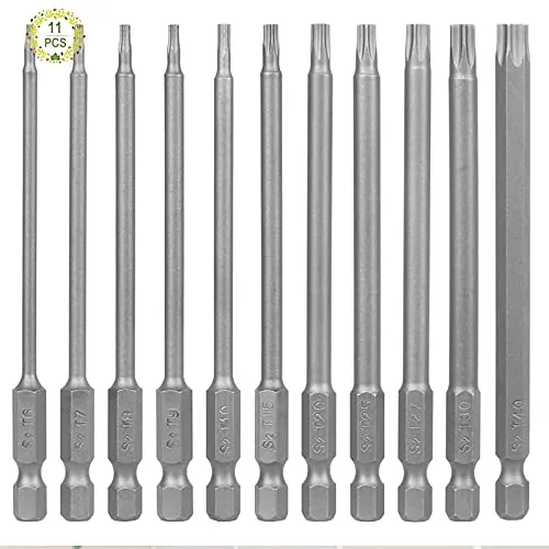 Haisheng 11 Stück Torx Bits Schraubendreher Set Extra lang Magnetische Schraubendreher 100mm Torx mit loch Sechskant-Schaft Schraubenzieher Elektrischer Schraubendreher T6-T40 S2 Stahl Sternenkopf