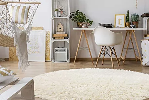 rugsx FLOKATI Griechischer Wollteppich, für das Wohnzimmer, Schlafzimmer, Kinderzimmer, Natürliche Farbe, Kreis Weiss 110 cm