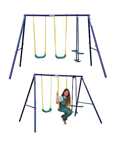 MUWO Kinder Spielgerüst mit Schaukeln und Rutsche - Schaukeln für Kinder von 3 bis 8 Jahren, robustes und witterungsbeständiges Material, ideal für Garten und Hof. Belastbarkeit bis 250 kg, Spielspaß für bis zu 7 Kinder.