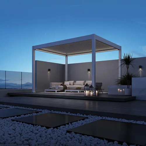Weide Pergola LED E-Deluxe 3x4 - Elegante Gartenpergola mit LED-Beleuchtung - Pavillons und Gartenmöbel in einem: Die Weide Pergola LED E-Deluxe 3x4 bietet mit neigbaren Aluminium-Lamellen und innovativer LED-Technologie den perfekten Komfort für jeden Anlass.