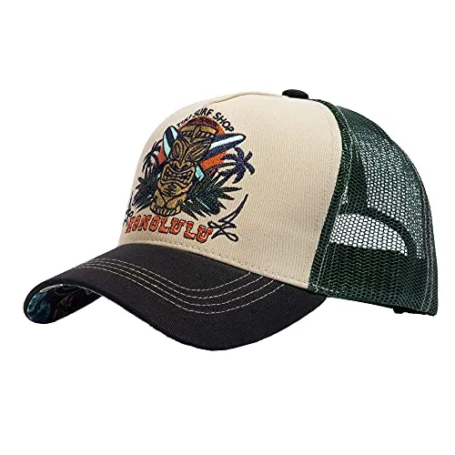 King Kerosin Herren Trucker Cap mit Hawaiianischem Tiki Frontpatch - Baseball Cap für Herren mit atmungsaktivem Mesh, verstellbar für perfekten Sitz und ideal für den Rockabilly-Lifestyle.