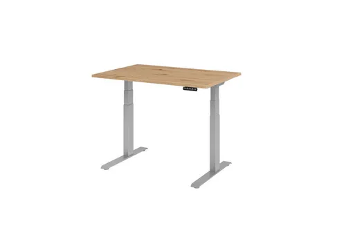 Hammerbacher Sitz-Steh-Schreibtisch 120x80 cm Asteiche - Hochwertiger Kinderschreibtisch mit elektrischer Höhenverstellung von 64-129 cm, ideal für ergonomisches Arbeiten und gesundes Sitzen. Robuste Asteiche-Platte und C-Fuß Gestell in Silber.