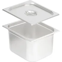 Mahlzeit GN Behälter 2/3 mit Deckel - Edelstahl Wärmebehälter - Edelstahl GN Behälter 2/3 mit Deckel, Höhe 200 mm, ideal für Catering und Gastronomie. Perfekt zum Lagern und Erwärmen von Speisen, mit 18 L Fassungsvermögen und passendem Deckel für einfache Handhabung.