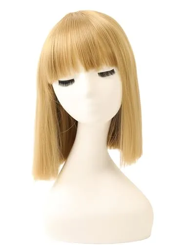 Prettyland Event Damen Bob gerade Pony Perücke Mittellange Kurze glatte hitzfeste Wig für Show Fasching Blond C885