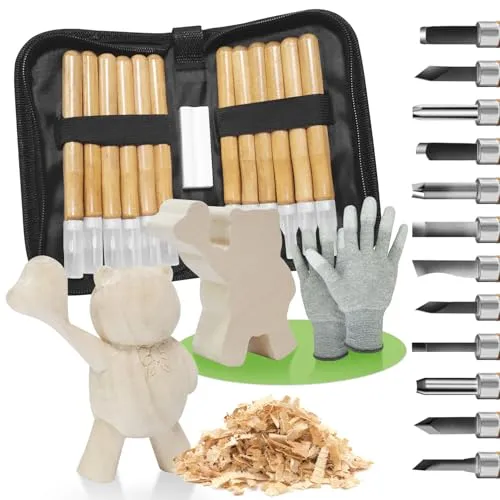 ENROSLU Schnitzwerkzeug Set 16-tlg inkl, ideales Schnitzmesser-Set Sicherheitshandschuhen und PU-Tasche, Holzschnitzwerkzeug-Setes für Anfänger zum Schnitzen von Holz, Gemüse, Obst uvm