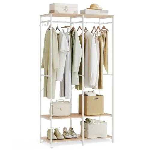 SONGMICS Offener Kleiderschrank mit Kleiderständer und Ablagen, 40 x 94,5 x 180 cm, naturbeige