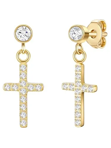 Eastside Ohrhänger in Gelbgold mit Zirkonia-Kreuz - Elegante Ohrhänger aus robustem Edelstahl, veredelt mit funkelnden Zirkonia-Steinen in Kreuzform. Ideal für Damen, die puristischen Schmuck mit Glamour lieben.