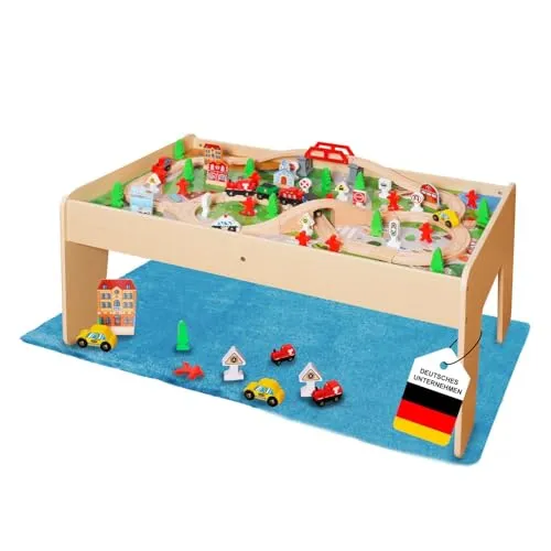 Coemo Spieltisch Natur inkl. 90-TLG. Holzeisenbahn - Züge & Schienenfahrzeugspielsets für Kinder - Vielseitiger Spieltisch mit umkehrbarer Tischplatte für kreatives Spielen und Motoriktraining, ideal für Kinder ab 3 Jahren.