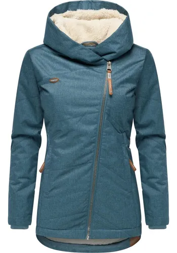Ragwear Damen Winterjacke Gordon Intl Stone Blue Gr. L - Sportliche, vegane Winterjacke mit Kapuze und asymmetrischem Reißverschluss. Wasserdicht, winddicht und mit weichem Teddyfell gefüttert – ideal für kalte Tage.