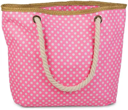 styleBREAKER Strandtasche mit Punkten, Neonpink-Weiß - Damen-Shopper mit großem Hauptfach und Reißverschluss, inklusive kleiner Kosmetiktasche. Perfekt für Strand und Einkauf, stilvolles Design mit Punkten.
