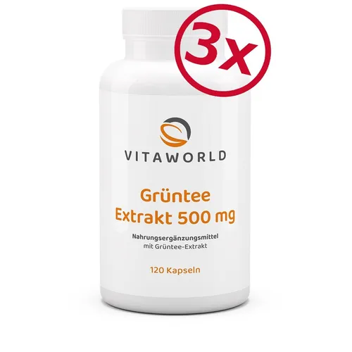 3er Vita World Grüntee Extr. 500mg 3x120St, Vegan, 75 mg EGCG, 70mg Koffein, DE
