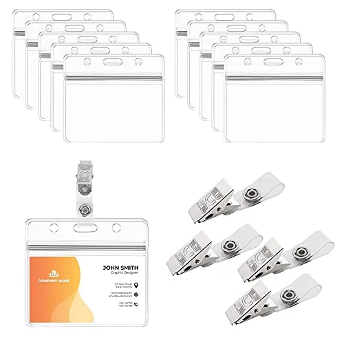 BAMZOK 50 Stück Ausweishülle mit Clip Namensschilder für Kleidung Clip Kartenhüllen Transparent Ausweishalter Namenschilderhülle mit 50 Clips Wasserdicht PVC Id Card Badge Holder für Ausweis ID Karte