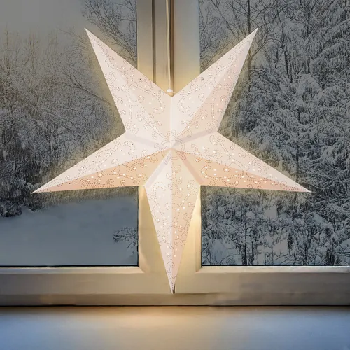 LED Papierstern in weiß mit Timer Batterie betrieben - Ø 60 cm - Weihnachts Deko Beleuchtung zum Hängen - Weihnachtsstern Dekoleuchte Weihnachtsleuchte Stimmungslicht Stern für Weihnachten Advent Winter
