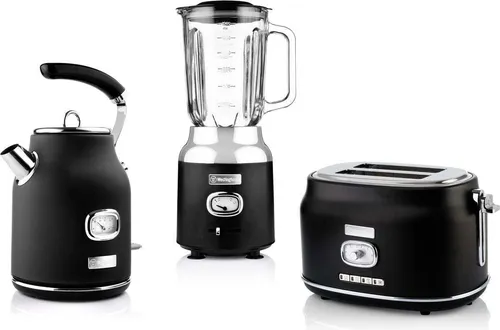 Westinghouse Retroline Frühstück-Set Schwarz: Toaster, Standmixer & Wasserkocher - Küchenzubehör im Retro-Style: 1,7 Liter Wasserkocher mit Kalkfilter, Toaster für 2 Scheiben und 3-Stufen Standmixer für vielfältige Anwendungen.