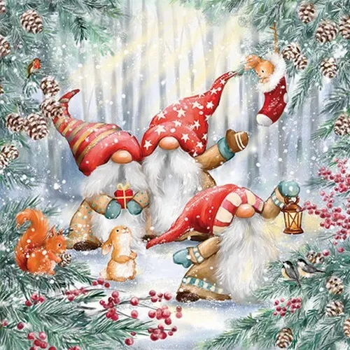 Servietten Gnomes in snowy Forest Zwerge Tiere Winterwald Weihnachten 33x33cm 20