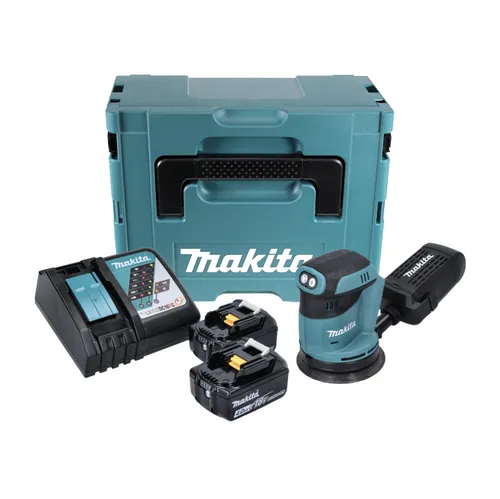 Makita DBO 180 RMJ Akku Exzenterschleifer 18 V - Schleifmaschine mit 2x 4,0 Ah Akkus und Ladegerät, ideal für kabelloses Arbeiten und perfekte Oberflächenbearbeitung.