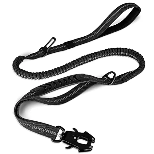 Joytale Taktische Hundeleine Bungee, 2 Griffe, Reflektierend, Große Hunde | 1,2–1,8 m dehnbar, gepolstert, Frog-Karabiner, auch als Auto-Sicherheitsgurt, für Mittelgroße bis XL Hunde, Schwarz