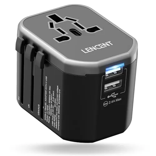 LENCENT Reiseadapter Weltweit - Universeller Reisestecker mit 2 USB-A - Internationale Netzadapter für über 200 Länder, ausgestattet mit Auto-ID-Technologie für sicheres und schnelles Laden von bis zu 3 Geräten gleichzeitig.