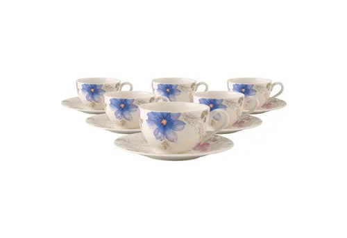 Villeroy & Boch Mariefleur Gris Basic Frühstückstasse mit Untertasse 290 ml 6er Set - Thermobehälter-Set aus 12 Teilen, mikrowellen- und spülmaschinenfest, ideal für stilvolles Frühstück mit Freunden oder Familie.
