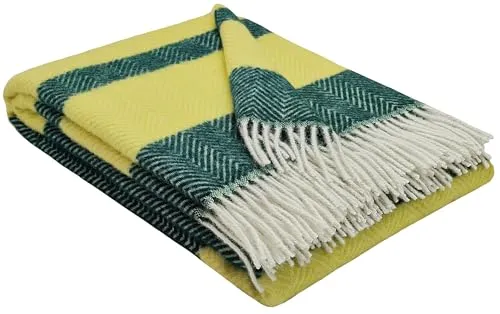 STTS International Wolldecke 100% Schurwolle Wohndecke 140 x 200 cm Tagesdecke Schurwolldecke Woll-Plaid Tirol in vielen Farben erhältlich (Grün-Gelb (D-M))