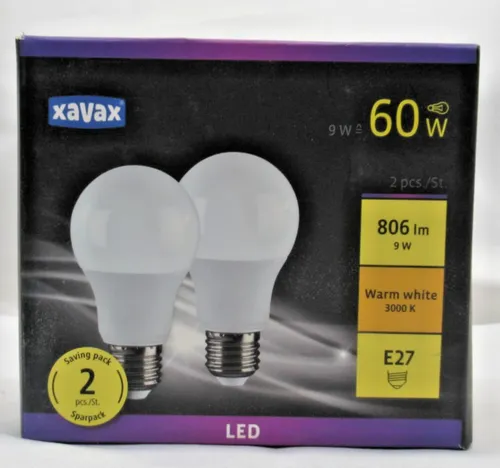 2x Xavax LED Leuchtmittel Birne E27 9W=60W 806lm Warmweiß 3000K 444882