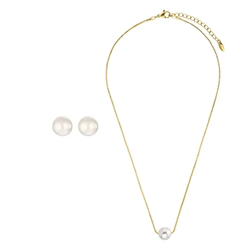 Heideman Set Fabien Halskette und Ohrstecker aus Edelstahl gold farbend poliert Kette und Ohrringe für Frauen mit Perle weiss vergoldet