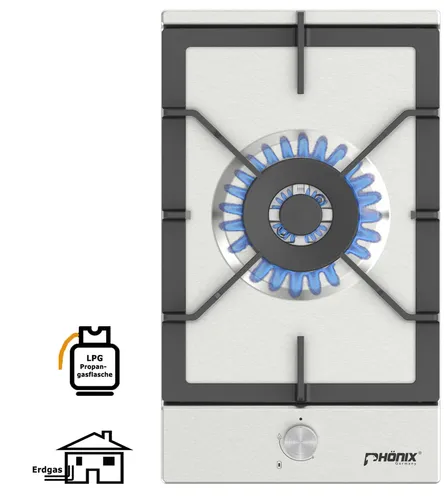 Phönix Domino-301SL Gaskochfeld 1-flammig 4 kW - Edelstahl Gaskochfeld mit stufenlos regelbarem Brenner und Zündsicherung, ideal für Erdgas und Propan, langlebig und korrosionsbeständig.